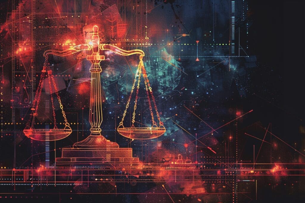 Glowing scales of justice on dark background.