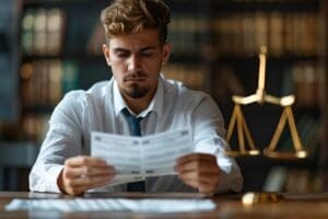 Man reviewing legal documents in office.